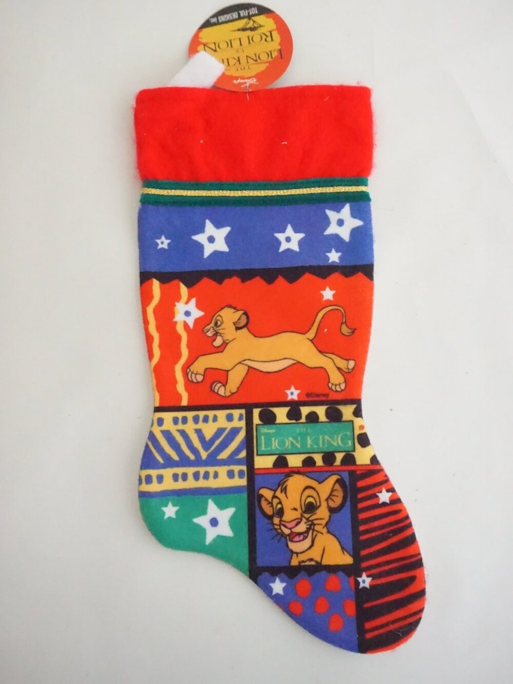 Vintage Walt Disney The Lion King Simba 1990s Colorful Fleece Christmas Stocking